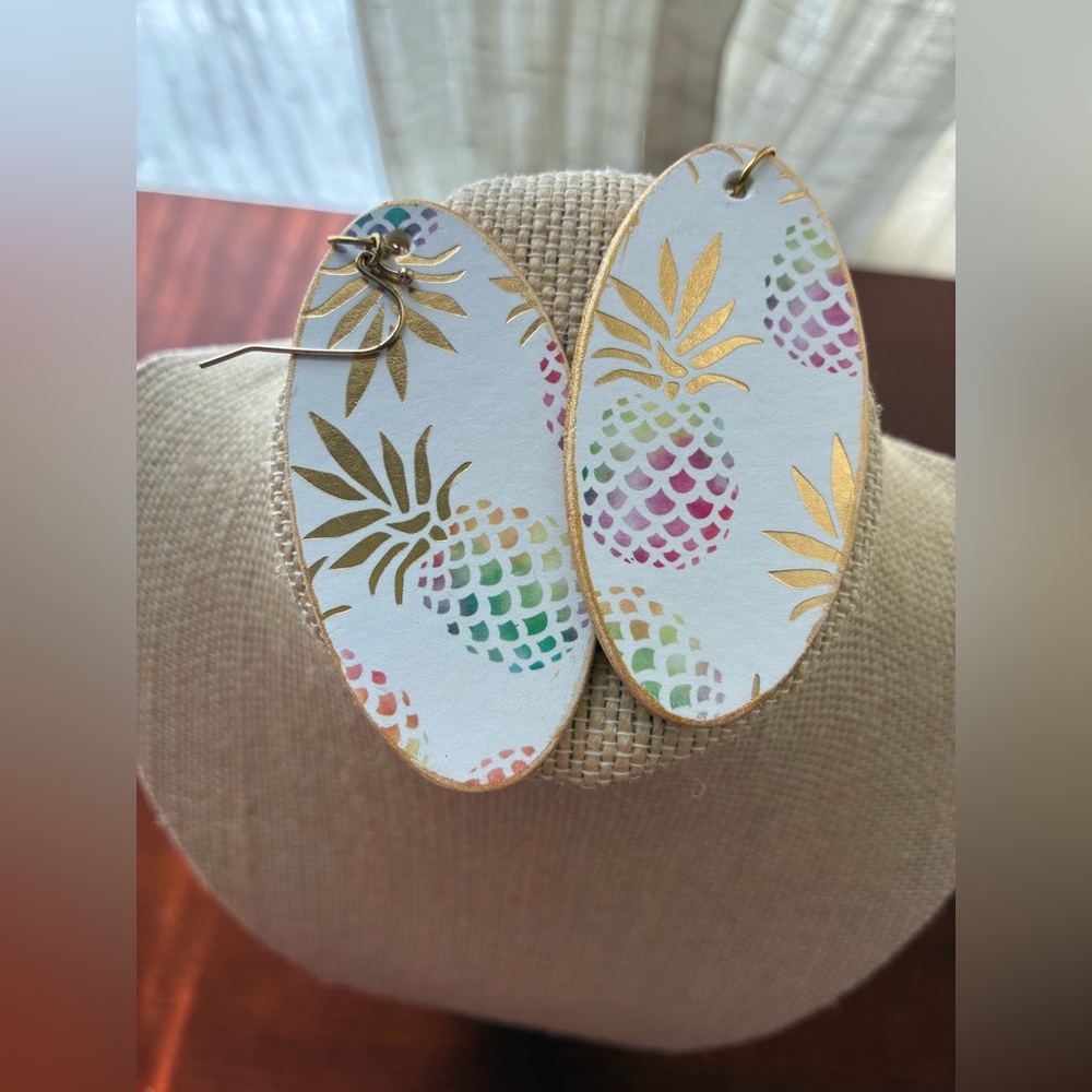 White Pineapple Print Oval Drop Earrings - Gold Accent